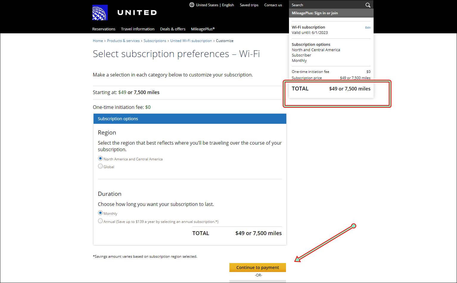 how to purchase united wifi internet subscription inflight