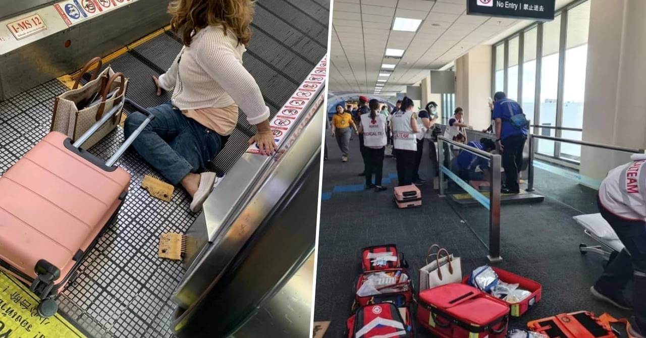 woman leg trapped in walkalator in bangkok don mueang airport