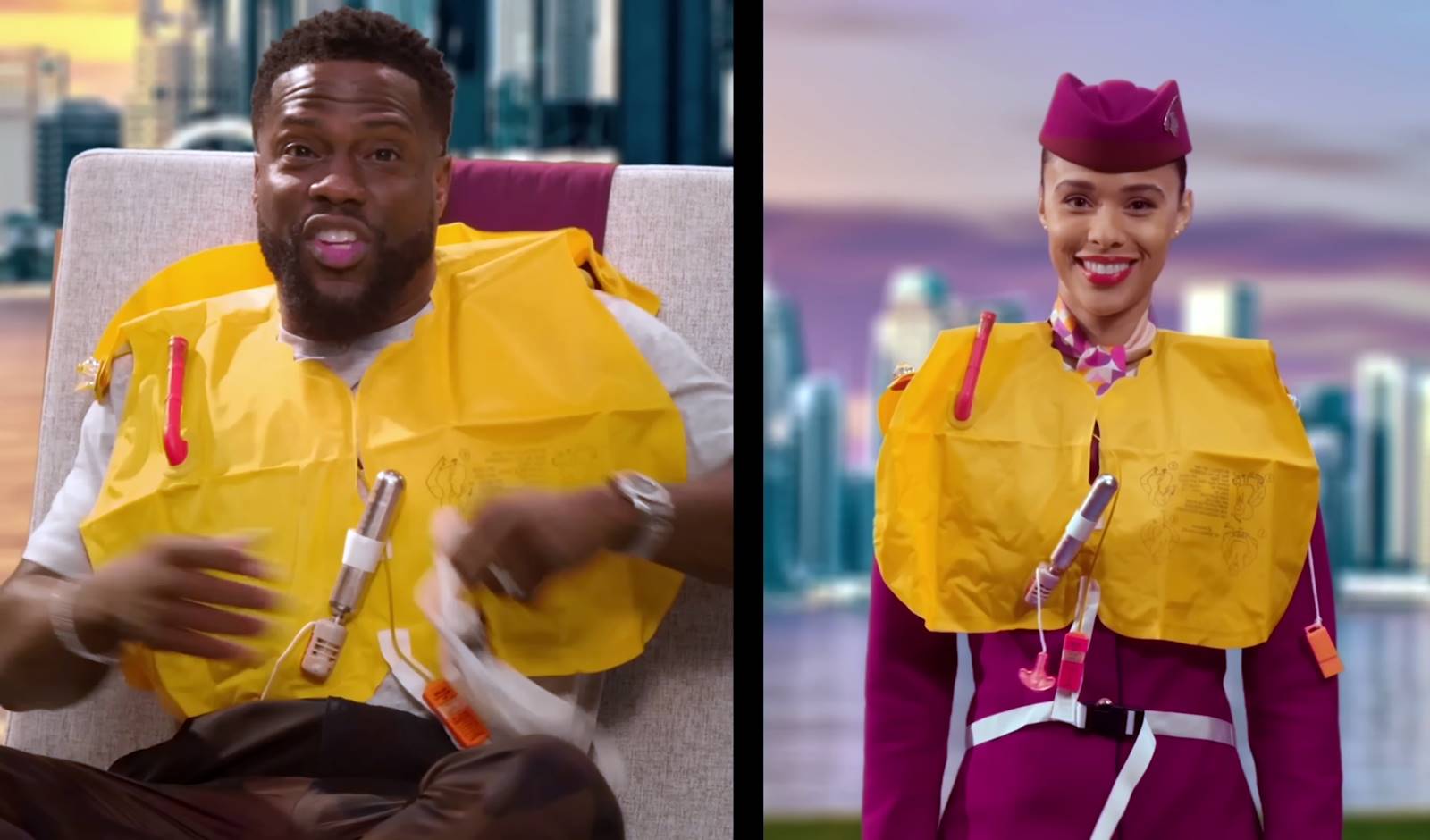 kevin hart demonstrates safety video qatar airlines